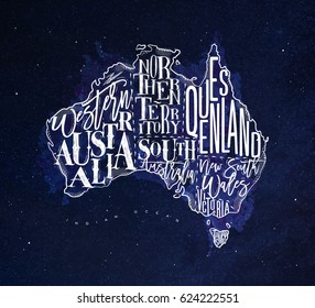Vintage australia map with regions inscription western, northern, south, queensland, victoria, tasmania drawing with chalk on blue background