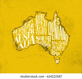 Vintage australia map with regions inscription western, northern, south, queensland, victoria, tasmania drawing on yellow background