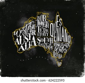 Vintage australia map with regions inscription western, northern, south, queensland, victoria, tasmania drawing with chalk and yellow on chalkboard background