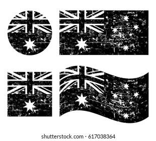 Vintage Australian grunge flag set black isolated on white background, vector illustration.