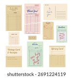 Vintage authentic vintage paper ephemera as library cards, guest checks, tickets, old receipts and postcards with handwritten text conveying messages of good wishes and thanks vector illustration