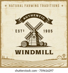 Vintage Authentic Windmill Label. Editable EPS10 vector illustration with clipping mask and transparency in retro woodcut style.