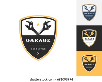 Vintage auto repair logo design template. Vector logotype elements, Icons, Symbols, Retro Labels, Badges and Silhouettes. Vector illustration