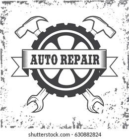 Vintage auto service repair logo isolated on white background. Vector illustration.