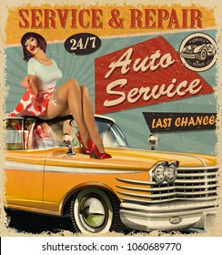 Afiche retro del servicio automático vintage con auto retro y chica de anclaje.