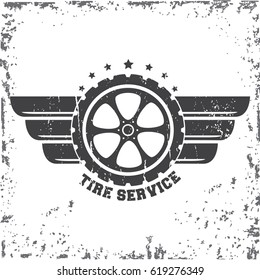 Vintage auto tire repair service logo, black color isolated label on white background. Vector illustration.