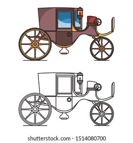 Vintage automobile or old car, XIX century cab or first electric vehicle. Carriage or chariot, buggy or wagon, wheeled dormeuse, classic stagecoach icon or clarence. Steam crew. Transportation