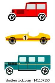 Vintage automobile on a white background. Set of three vehicles.