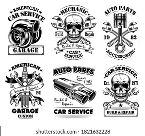 Vintage automobile repair flat badge set. Monochrome garage or auto service emblem with wrench and skull isolated vector illustration collection. Mechanic service and machine concept