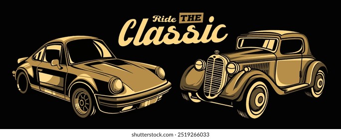 Vintage Automotive Excellence gold car, vector, editable