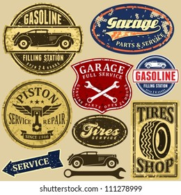 Vintage automotive labels and signs set.