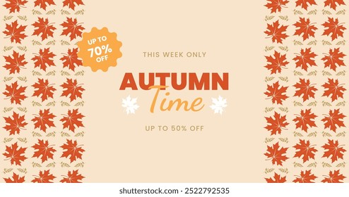 Vintage autumn advertisement banner template with foliage leaves ornament and seasonal sale lettering text. Abstract wallpaper design with maple leaf in red, beige and yellow fall colors. Ad poster