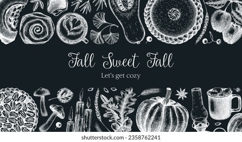 Vintage autumn banner design template. Hand-drawn vector illustration on chalkboard. Pumpkin, hot drink, fruit, pie, pastry, fall leaves sketches. Thanksgiving background 