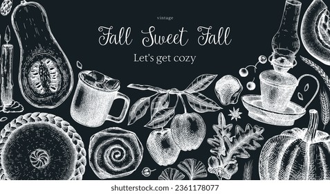 Vintage autumn banner design template. Hand-drawn vector illustration on chalkboard. Pumpkin, hot drink, fruit, pie, pastry, fall leaves sketches. Thanksgiving background 