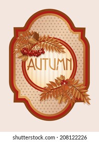 Vintage autumn card with rowan berry leaves, vector illustration
