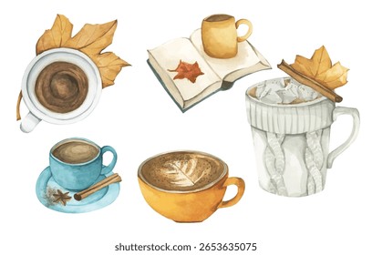 Vintage Autumn Cup. Cute Autumn Mug. Hot Drink with Leaf, Mug, and Fall Vibes. Watercolor Cup of Coffee, Cocoa, and Cozy Lifestyle. Hand Painted Fall Beverages.