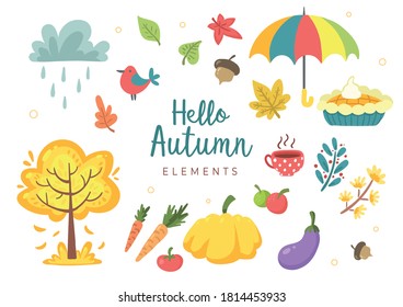 Vintage autumn elements big vector collection. Vegetables, leafs, tree, pie, cloud, bird, umbrella, rain illustration