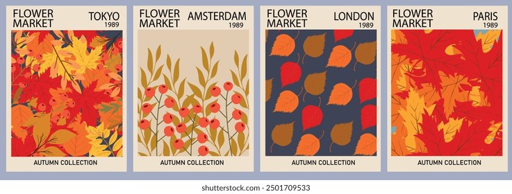 Vintage autumn Flower Market posters with colorful fall leaves. Trendy botanical wall arts with autum leaves. Modern naive funky interior decorations. Vector art.