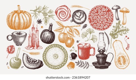 Vintage autumn food and decor.  Hand-drawn vector illustration. Pumpkin, hot drink, fruit, pies, pastries, fall leaves sketches. Thanksgiving design elements in color.