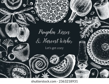 Vintage autumn frame design. Hand-drawn vector illustration on chalkboard. Pumpkin, hot drink, fruit, pie, pastry, fall leaves sketches. Thanksgiving background.           