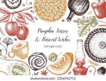 Vintage autumn frame design template. Hand-drawn vector illustration. Pumpkin, hot drink, fruit, pie, pastry, fall leaves sketches. Thanksgiving background in color.            