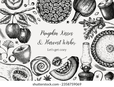 Vintage autumn frame design template. Hand-drawn vector illustration. Pumpkin, hot drink, fruit, pie, pastry, fall leaves sketches. Thanksgiving background      