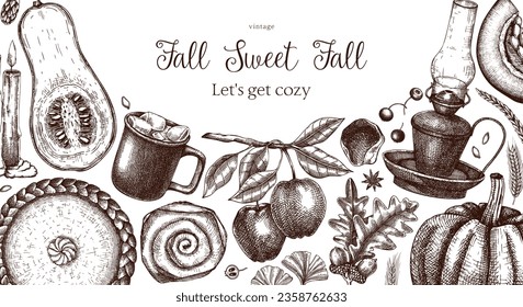 Vintage autumn frame design template. Hand-drawn vector illustration. Pumpkin, hot drink, fruit, pie, pastry, fall leaves sketches. Thanksgiving background 