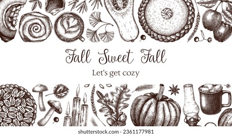 Vintage autumn frame design template. Hand-drawn vector illustration. Pumpkin, hot drink, fruit, pie, pastry, fall leaves sketches. Thanksgiving background in engraved style