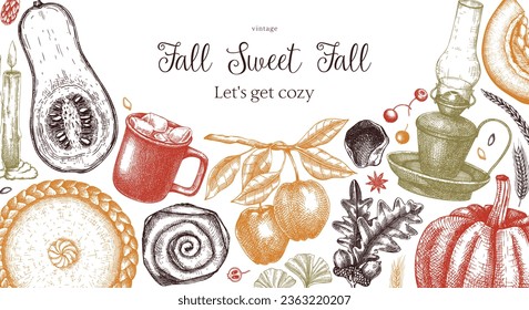 Vintage autumn frame design template. Hand-drawn vector illustration. Pumpkin, hot drink, fruit, pie, pastry, fall leaves sketches. Thanksgiving background in color.        