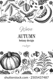 Vintage autumn frame design. Thanksgiving background. Fall leaves, pumpkins, berries, mushrooms sketches. Hand-drawn vector illustration. NOT AI generated