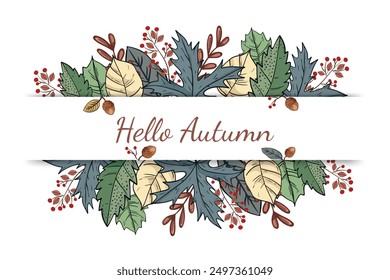 Vintage autumn greeting card, invitation. Bright garland of autumn leaves, branches, acorns and holly berries isolated on a white background. Banner.