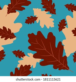 Vintage autumn pattern. Blue seamless pattern design with oak leaves. Blue wallpaper.