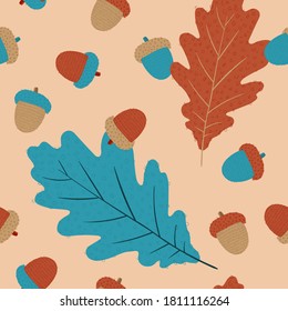 Vintage autumn pattern. Brown seamless pattern design with oak leaves and acorns.