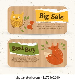 Vintage autumn sale horizontal banners with text torn paper leaves owl fox and cowberry branch vector illustration