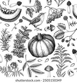 Vintage autumn seamless pattern. Thanksgiving background. Fall leaves, pumpkins, berries, mushrooms sketches. Hand-drawn vector illustration. NOT AI generated