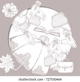 Vintage autumn set. Umbrella,book and gloves. Line art hand drawn graphic style