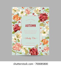 Vintage Autumn and Summer Floral Frame. Watercolor Hortensia Flowers for Invitation, Wedding, Baby Shower Card in Vector 