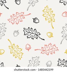 Vintage Autumn Vector Seamless Pattern. Hand Drawn Doodle Oak Tree Leaves and Acorns. Happy Thanksgiving Day Greeting Background