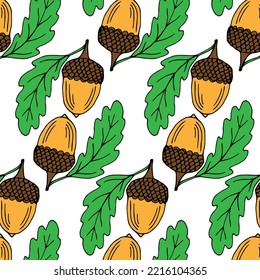 Vintage Herbst Vektorgrafik nahtloses Muster. Handgezeichnete Doodle-Eichenholz Blätter und Acorne. Fröhlicher Grußkartenhintergrund