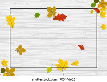 Vintage autumn white wooden background. Fall yellow tree maple leafs vector design. Season nature border banner. Advertising sale template mock up retro shopping art. Foliage border concept.