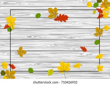 Vintage autumn wooden background. Fall yellow tree maple leafs vector design. Season nature border banner. Advertising template mock up retro art. Foliage border concept.