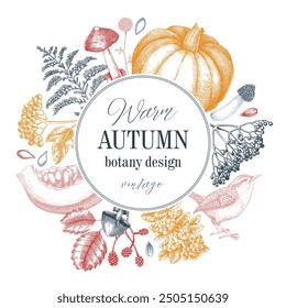 Vintage autumn wreath design. Thanksgiving background. Fall leaves, pumpkins, berries, mushrooms sketches. Hand-drawn vector illustration. NOT AI generated