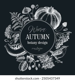 Vintage autumn wreath design. Thanksgiving background. Fall leaves, pumpkins, berries, mushrooms sketches on chalkboard. Hand-drawn vector illustration. NOT AI generated