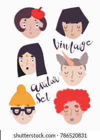 Vintage Avatare. Handgezeichneter Vektorsatz. Alle Elemente einzeln