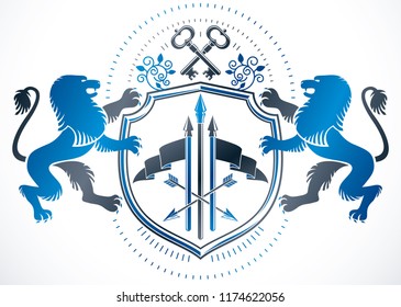 Vintage award design, vintage heraldic Coat of Arms. Vector emblem composed with wild lion illustration, security keys and spears.