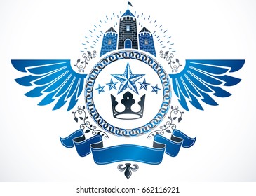 Vintage award design, vintage heraldic Coat of Arms. Winged vector emblem composed with medieval castle, imperial crown and pentagonal stars.