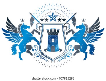 Vintage award design, vintage heraldic Coat of Arms. Vector emblem created using mythic Pegasus illustration and ancient castle.