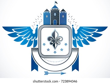 Vintage award design, vintage heraldic Coat of Arms. Vector emblem composed using medieval castle, lily flower and pentagonal stars.