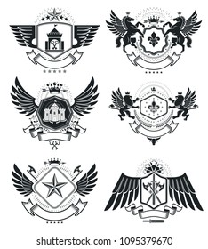 Vintage award designs, vintage heraldic Coat of Arms. Vector emblems. Vintage design elements collection.