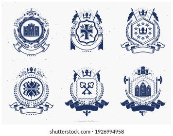 Vintage award designs, vintage heraldic Coat of Arms. Vector emblems. Vintage design elements collection.